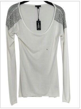 Express NWT White Rhinestone Studded Shoulder Sweater Top M